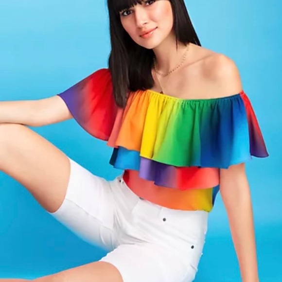 XL New York & Co. Rainbow Flounced Off-the-shoulder Top (Perfect for PRIDE) - Picture 4 of 8